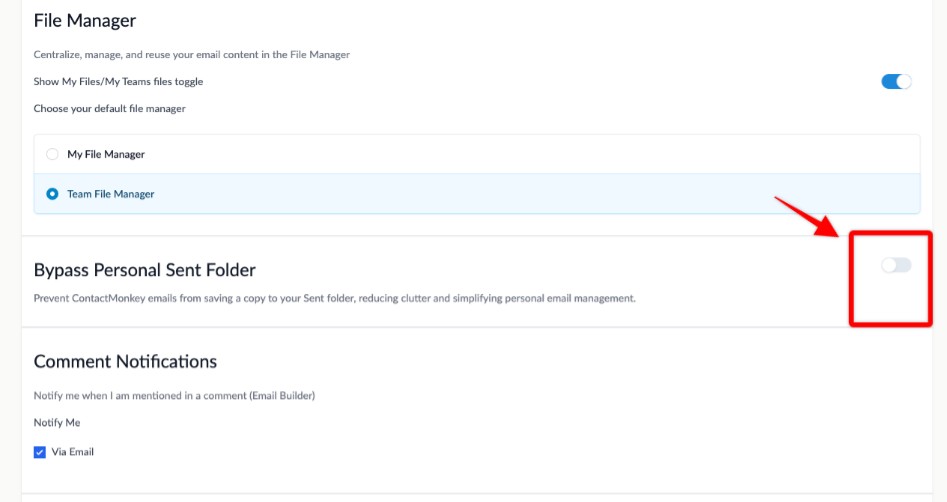 Bypass Personal Sent Folder toggle within settings.